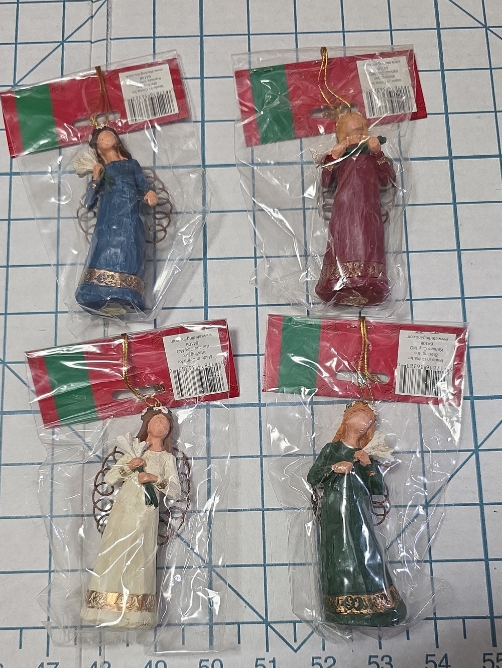 Set of 4 Faceless Angel Ornaments in Blue, Red, Cream, and Green By Sterling NIP